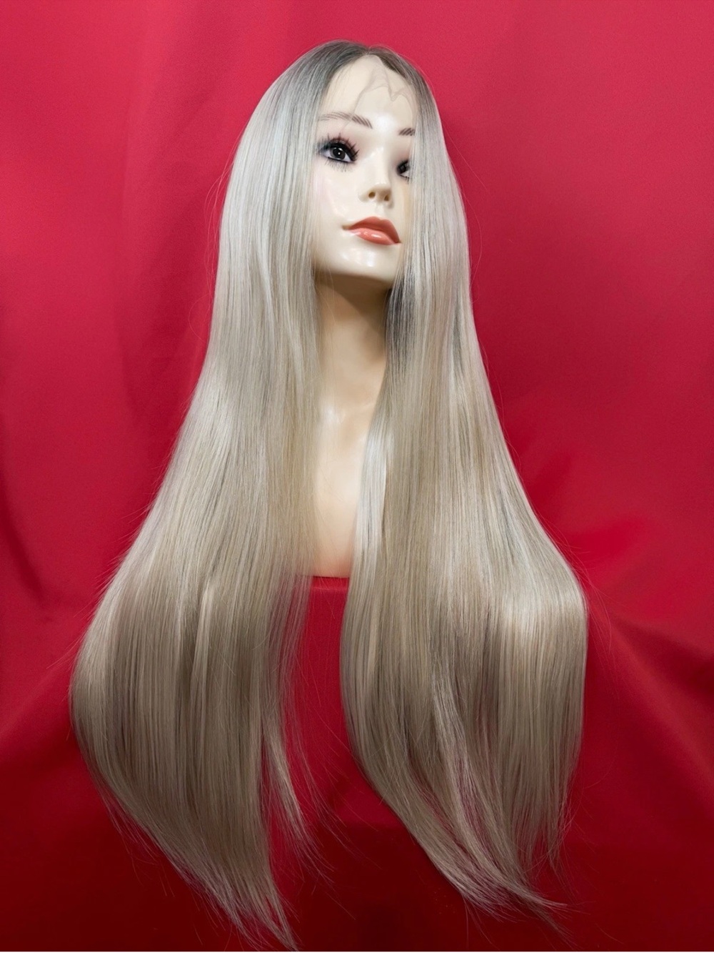 35 inches Long Straight Platinum Blonde Lace Front Wig - Women Hair Blend